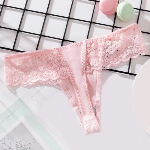 Women Thong Elastic Cotton Low Waist Lace Seamless Underwear Solid Color