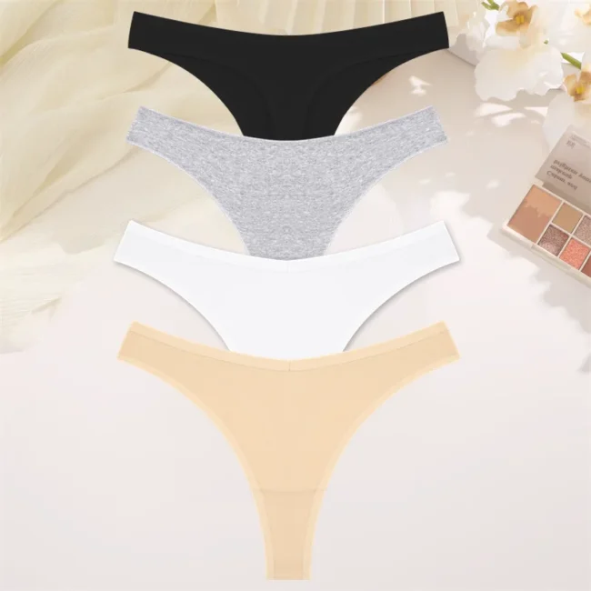 4Pcs Women Cotton Thong Low Waist Panties Striped Underwear - Image 9
