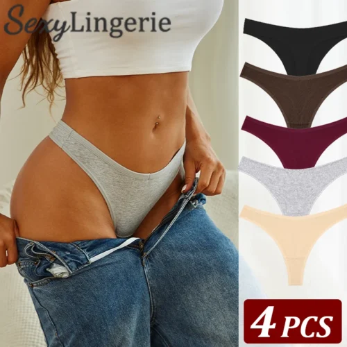 4PCS Women Cotton Thong Low Waist Panties Striped Underwear