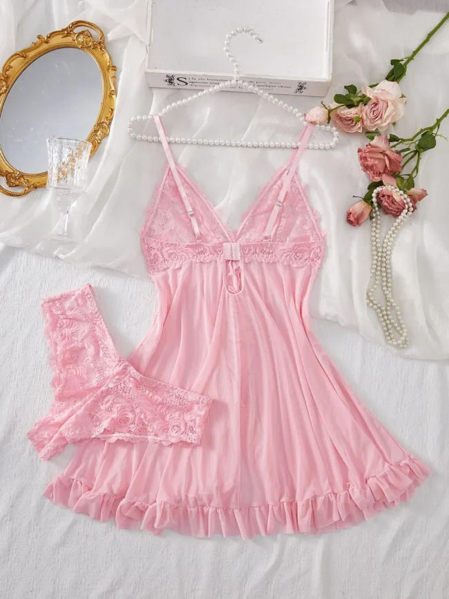 Lingerie Set Women Bra Nightdress Lace Sleepwear Solid Slim Soft Dresses V Neck Full Slip Sleepwear - Image 2