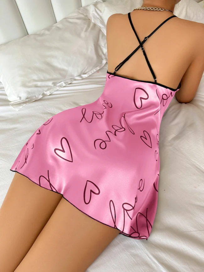 Heart Letter Print Nightdress Casual Round Neck Spaghetti Strap Sleep Dress - Image 5