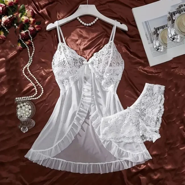Soft Sheer Nightgown Halter Dress Women Sleepwear With Thong Set - Image 4