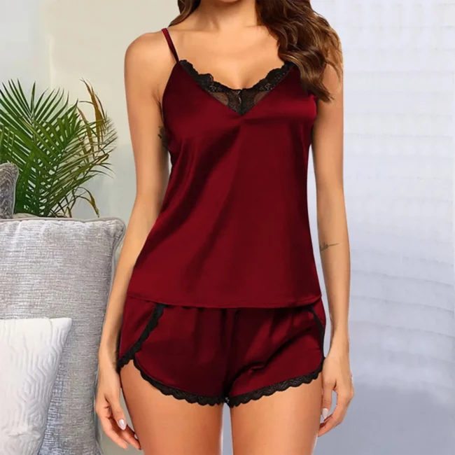 Lingerie For Women Lace V-Neck Solid Color Shorts Set Babydoll Nightwear - Image 9