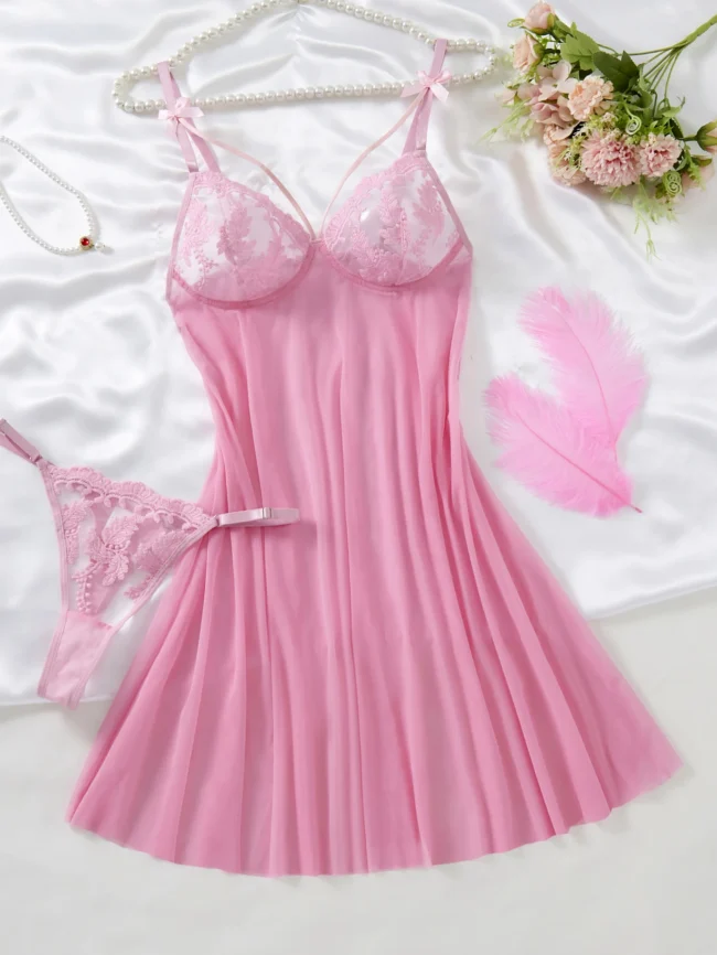 Ladies' Wine Red Countryside Style Semi Transparent Nightgown - Image 8