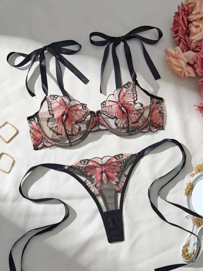 2 Piece Lingerie Elegant See Through Butterfly Bra &Amp; Panty Underwear Set