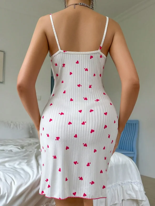 Heart Print Lace Trim Nightgown Sleeveless Camisole Sleep Dress Soft - Image 2