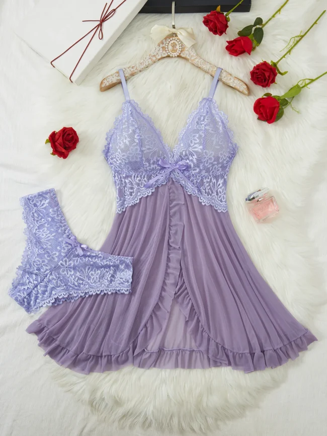 Contrast Lace Nightgown Deep V Backless Bow Slip Dress - Image 9