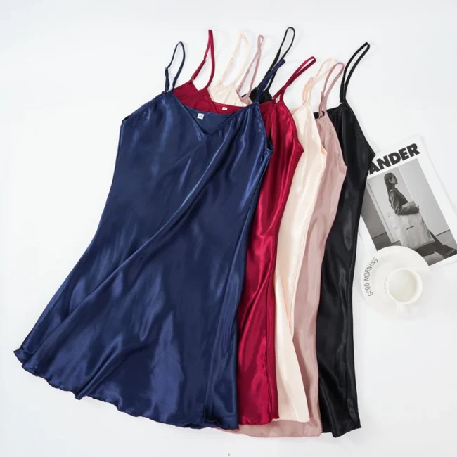 Women'S Sexy Silk Satin Night Dress Sleeveless Nighties V-Neck Nightgown - Image 2