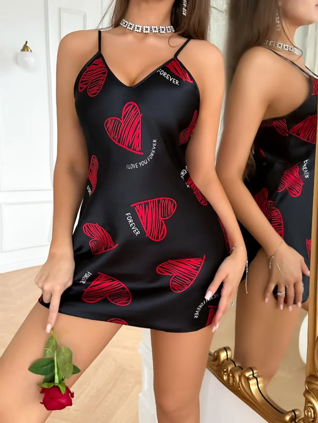 Valentine'S Day Red Lip Print Satin Slip Nightdress V Neck Backless Mini Sleep Dress Women'S Sleepwear Dresses - Image 16