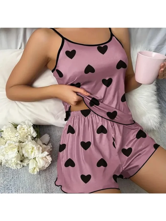 Women'S Pajama Set Shorts Pink Heart-Shaped Ice Silk Top Comfortable Casual - Image 11