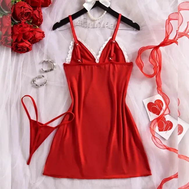 Nightgown Elegant Sleep Dress V-Neck Bra Transparent With Panties Set - Image 25