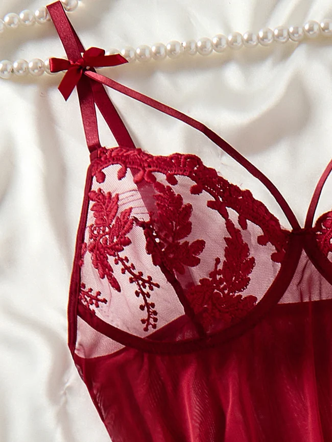 Ladies' Wine Red Countryside Style Semi Transparent Nightgown - Image 10