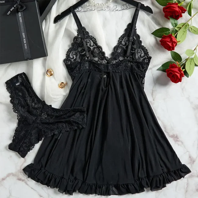 Nightgown Elegant Sleep Dress V-Neck Bra Transparent With Panties Set - Image 22
