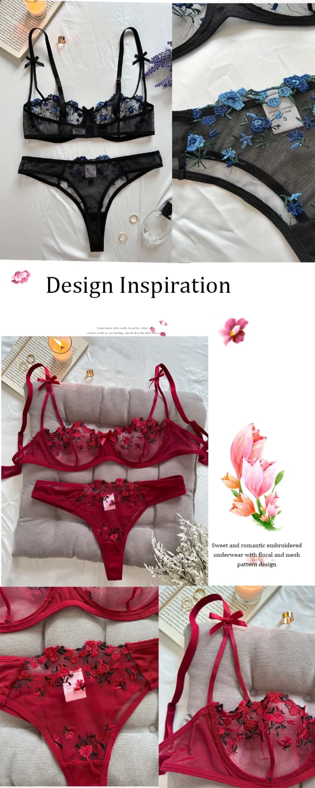 Night Beautiful Women 2 Piece Floral Embroidery Lingerie Set - Image 20