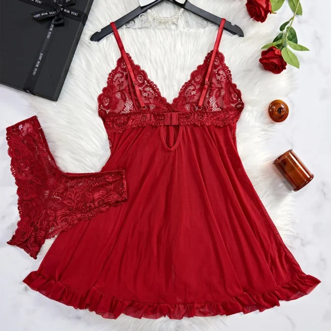 Women Sleepwear Lingerie Lace Nightdress With Panties Two-Piece Red Backless Nightgown - Image 8