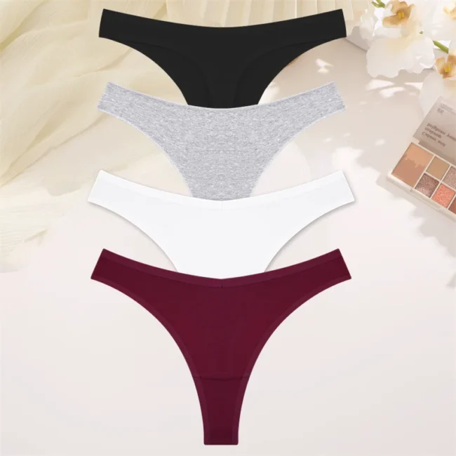 4Pcs Women Cotton Thong Low Waist Panties Striped Underwear - Image 10
