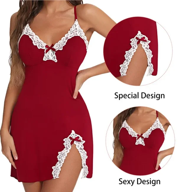 Sleepwear Lace Silk Satin V-Neck Nightgown Split Hem Soft Lingerie - Image 3