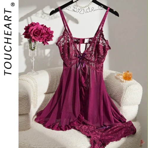 Contrast Lace Nightgown Deep V Backless Bow Slip Dress