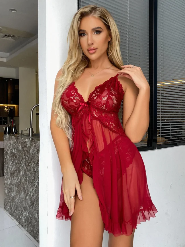 Contrast Lace Nightgown Deep V Backless Bow Slip Dress - Image 34