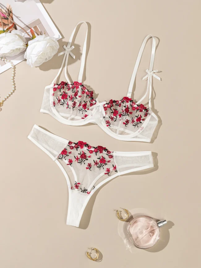 Night Beautiful Women 2 Piece Floral Embroidery Lingerie Set - Image 9
