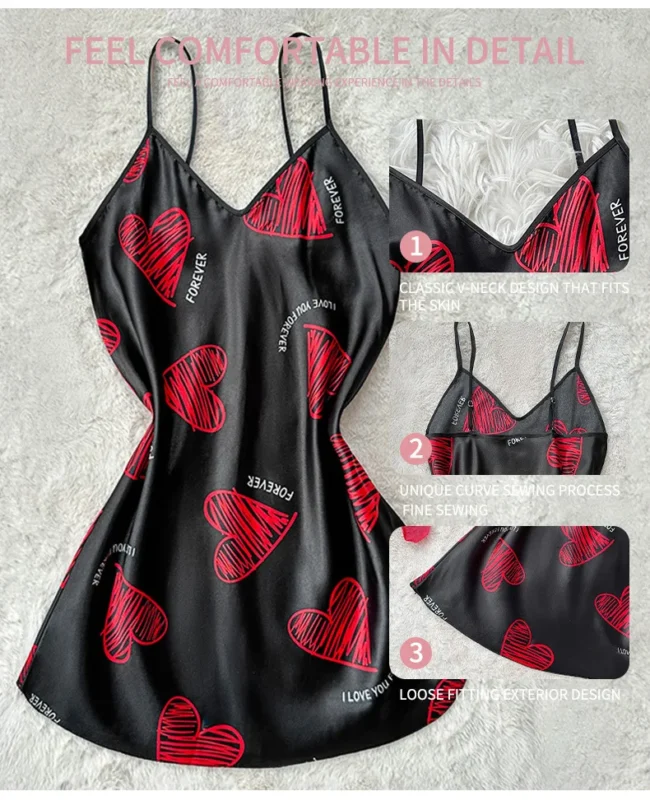 Valentine'S Day Red Lip Print Satin Slip Nightdress V Neck Backless Mini Sleep Dress Women'S Sleepwear Dresses - Image 9