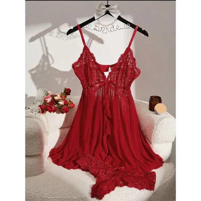 Soft Sheer Nightgown Halter Dress Women Sleepwear With Thong Set - Image 3