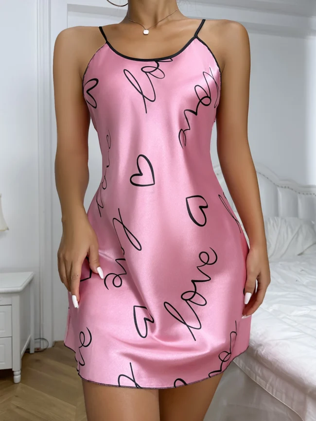 Heart Letter Print Nightdress Casual Round Neck Spaghetti Strap Sleep Dress - Image 28