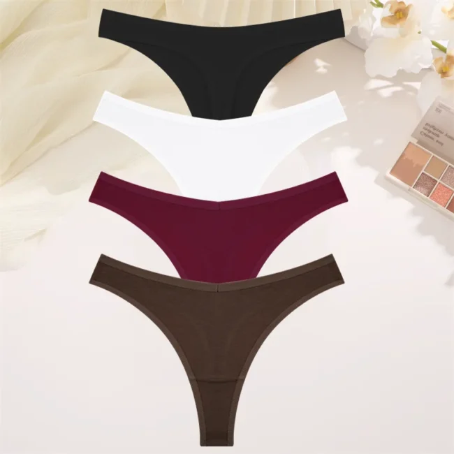 4Pcs Women Cotton Thong Low Waist Panties Striped Underwear - Image 16