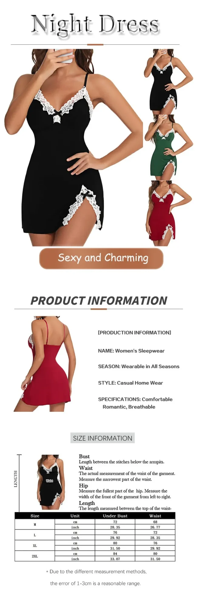 Sleepwear Lace Silk Satin V-Neck Nightgown Split Hem Soft Lingerie - Image 10