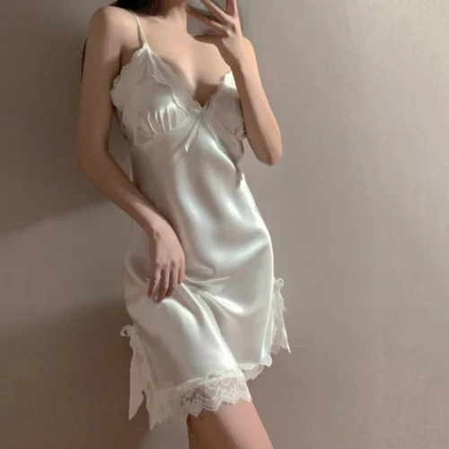 Lace V Neck Women Satin Sleepwear Sleeveless Night Gown