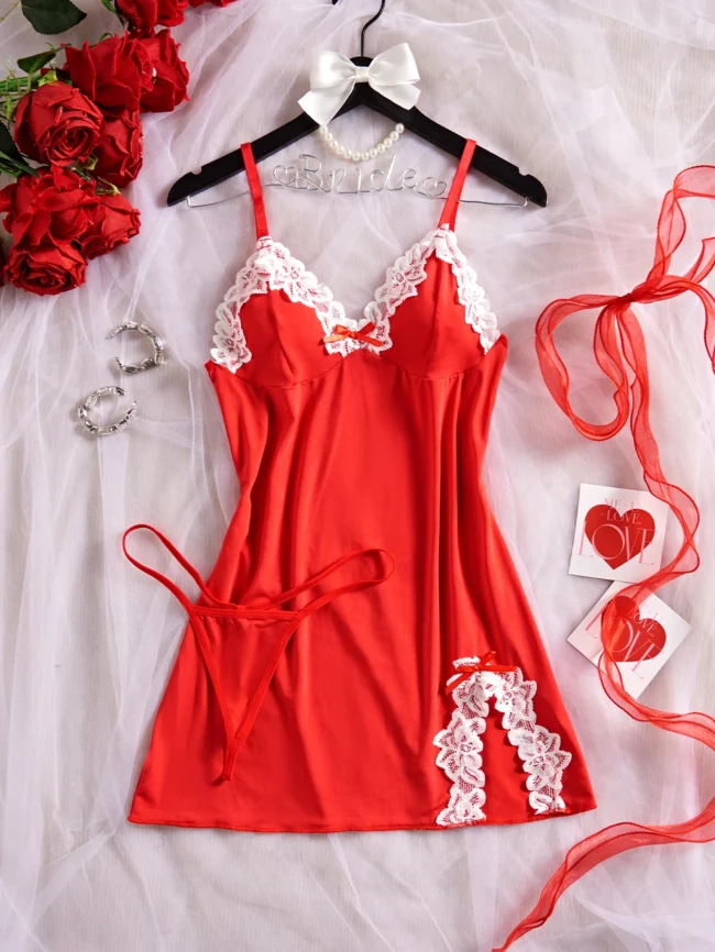 Nightgown Elegant Sleep Dress V-Neck Bra Transparent With Panties Set - Image 24