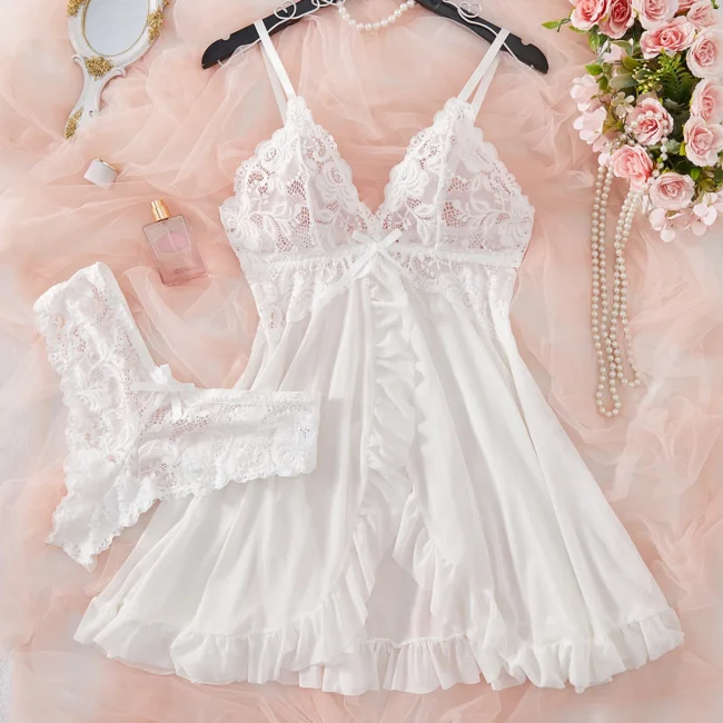 Lingerie Set Women Bra Nightdress Lace Sleepwear Solid Slim Soft Dresses V Neck Full Slip Sleepwear - Image 5