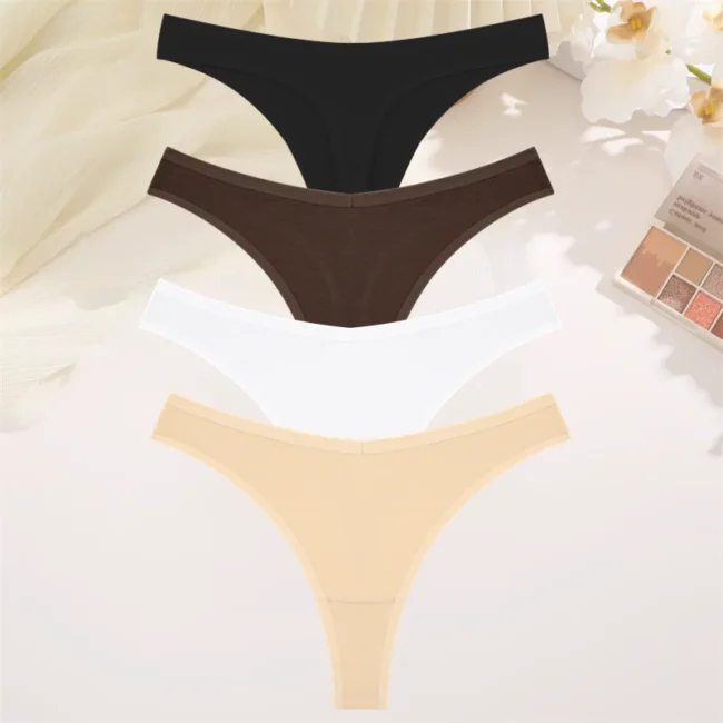 4Pcs Women Cotton Thong Low Waist Panties Striped Underwear - Image 14
