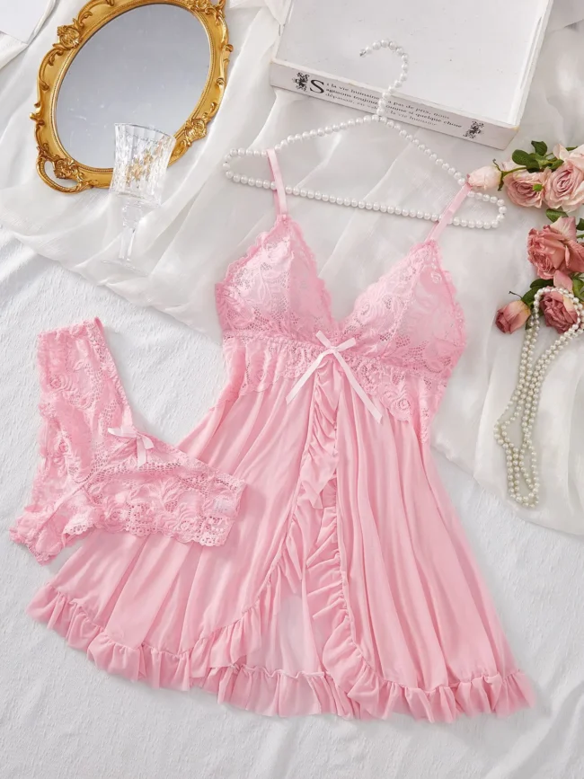 Lingerie Set Women Bra Nightdress Lace Sleepwear Solid Slim Soft Dresses V Neck Full Slip Sleepwear - Image 3