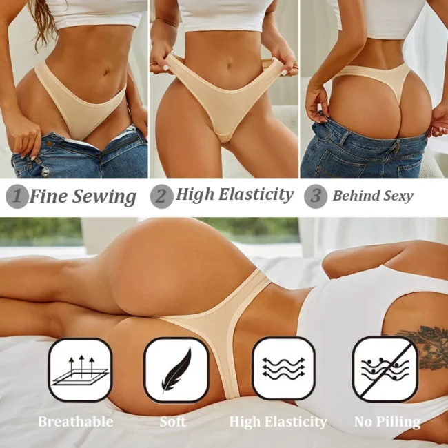 4Pcs Women Cotton Thong Low Waist Panties Striped Underwear - Image 33