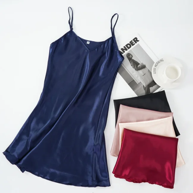 Women'S Sexy Silk Satin Night Dress Sleeveless Nighties V-Neck Nightgown - Image 3