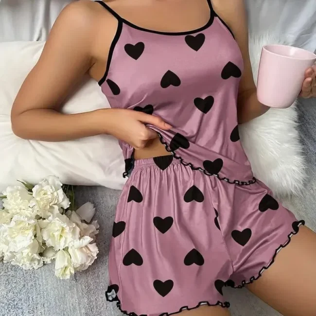 Women'S Pajama Set Shorts Pink Heart-Shaped Ice Silk Top Comfortable Casual - Image 8