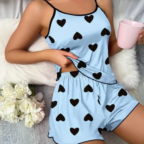 Women's Pajama Set Shorts Pink Heart-Shaped Ice Silk Top Comfortable Casual
