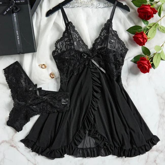 Lingerie Set Women Bra Nightdress Lace Sleepwear Solid Slim Soft Dresses V Neck Full Slip Sleepwear - Image 7