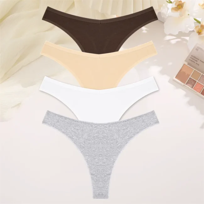 4Pcs Women Cotton Thong Low Waist Panties Striped Underwear - Image 23