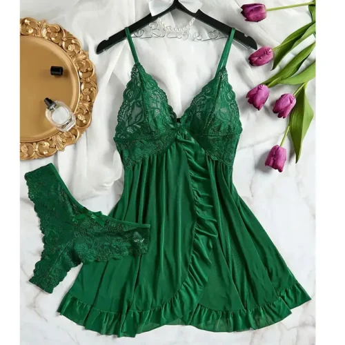 Soft Sheer Nightgown Halter Dress Women Sleepwear With Thong Set