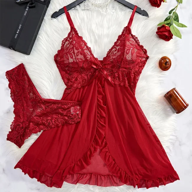 Nightgown Elegant Sleep Dress V-Neck Bra Transparent With Panties Set - Image 13