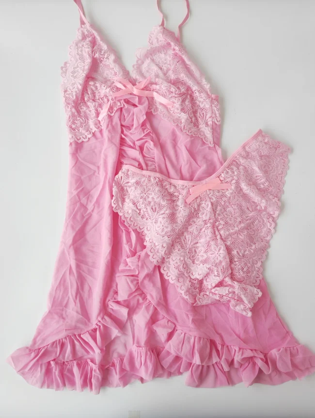 Contrast Lace Nightgown Deep V Backless Bow Slip Dress - Image 8