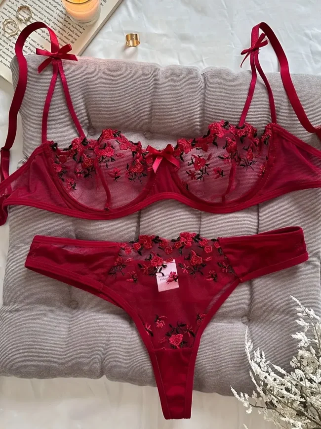 Night Beautiful Women 2 Piece Floral Embroidery Lingerie Set - Image 7