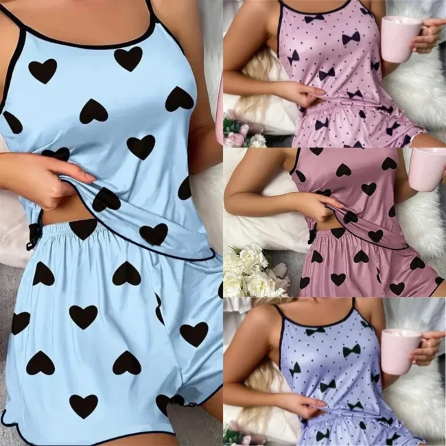 Women'S Pajama Set Shorts Pink Heart-Shaped Ice Silk Top Comfortable Casual - Image 10
