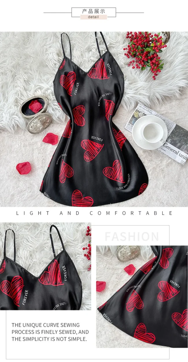 Valentine'S Day Red Lip Print Satin Slip Nightdress V Neck Backless Mini Sleep Dress Women'S Sleepwear Dresses - Image 13