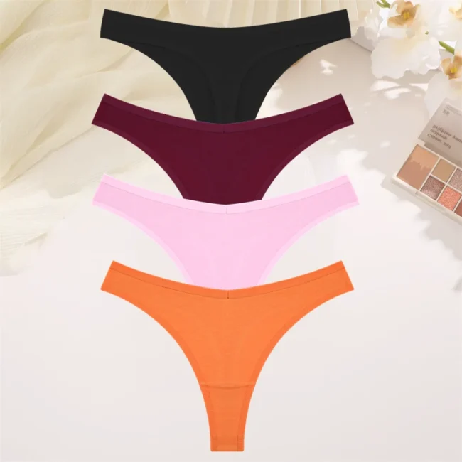 4Pcs Women Cotton Thong Low Waist Panties Striped Underwear - Image 12