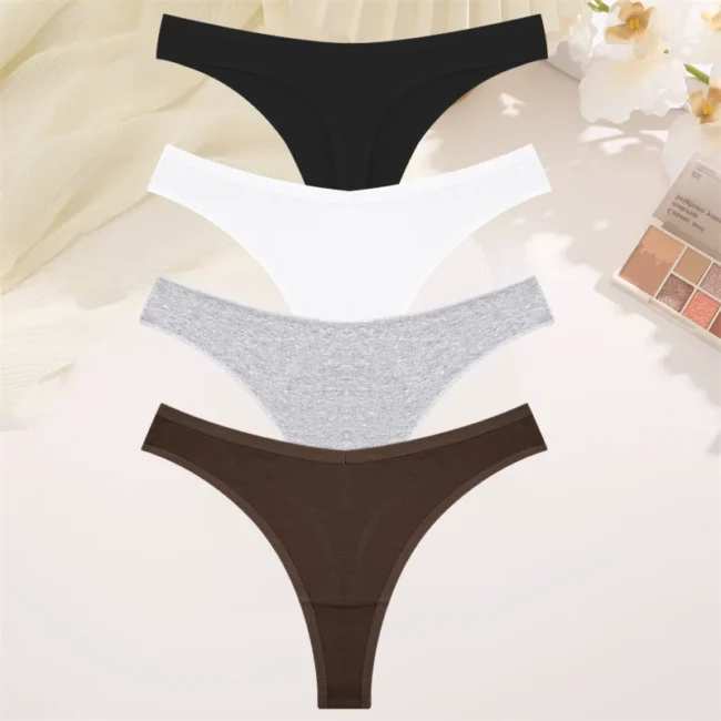 4Pcs Women Cotton Thong Low Waist Panties Striped Underwear - Image 25