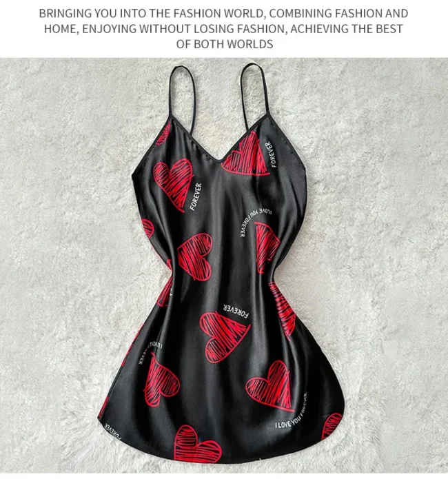 Valentine'S Day Red Lip Print Satin Slip Nightdress V Neck Backless Mini Sleep Dress Women'S Sleepwear Dresses - Image 15