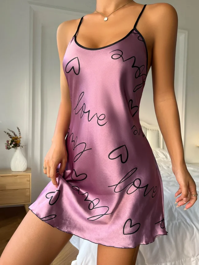 Heart Letter Print Nightdress Casual Round Neck Spaghetti Strap Sleep Dress - Image 34